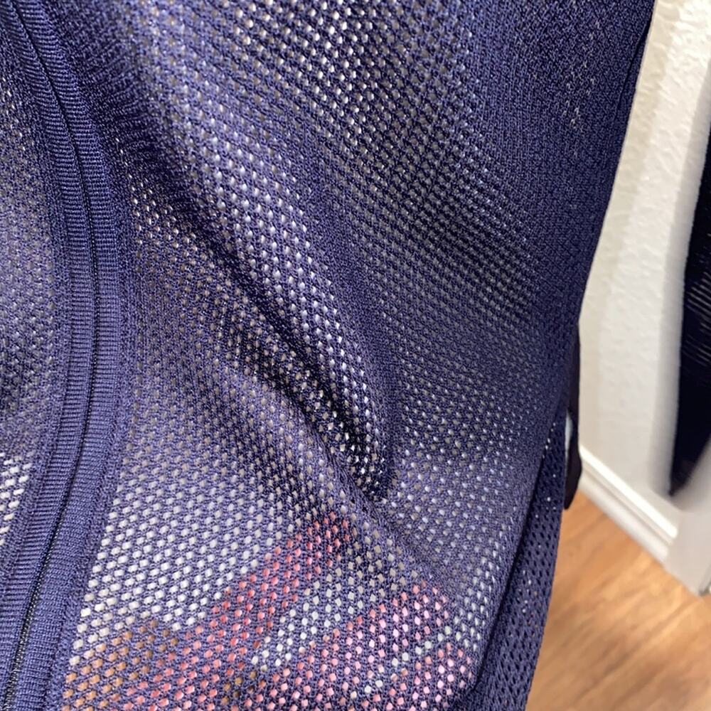 Misook Mesh Zipper Jacket Navy & Gold EUC Sz S Acrylic Navy Blue Cream Acrylic - Picture 4 of 7